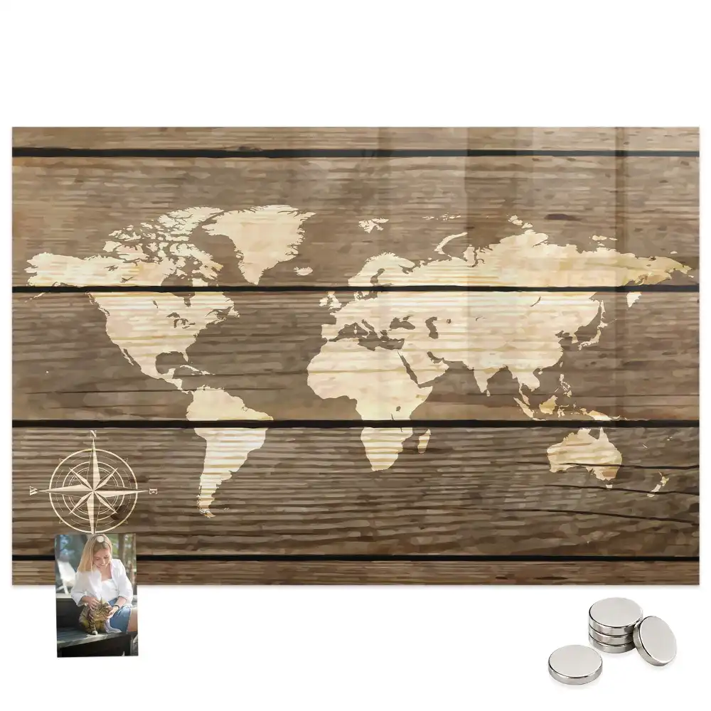 Tableau magnétique en verre avec motif carte du monde en bois