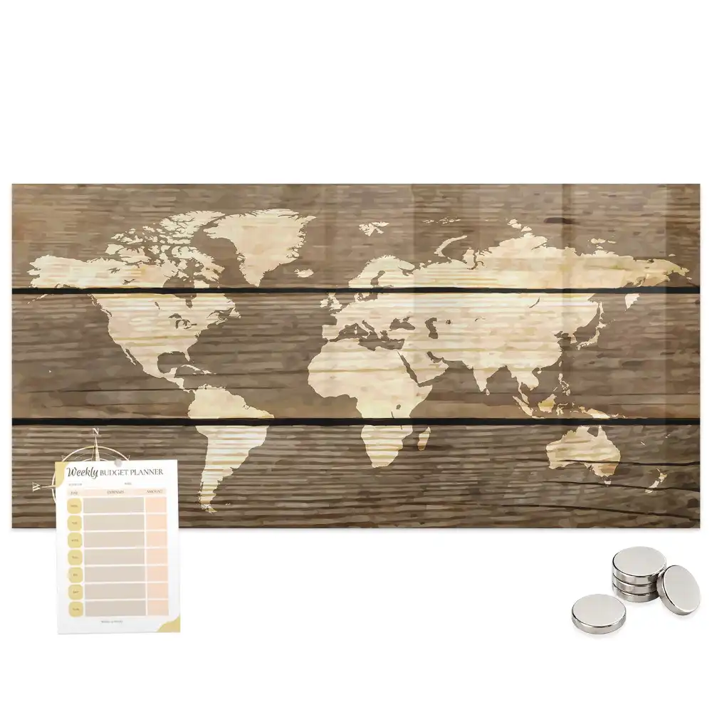 Tableau magnétique en verre avec motif carte du monde en bois