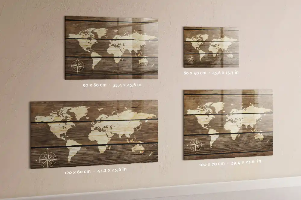 Tableau magnétique en verre avec motif carte du monde en bois
