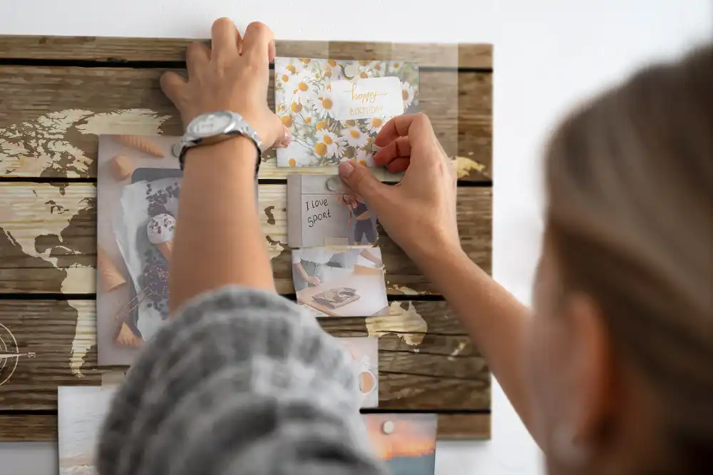 Tableau magnétique en verre avec motif carte du monde en bois
