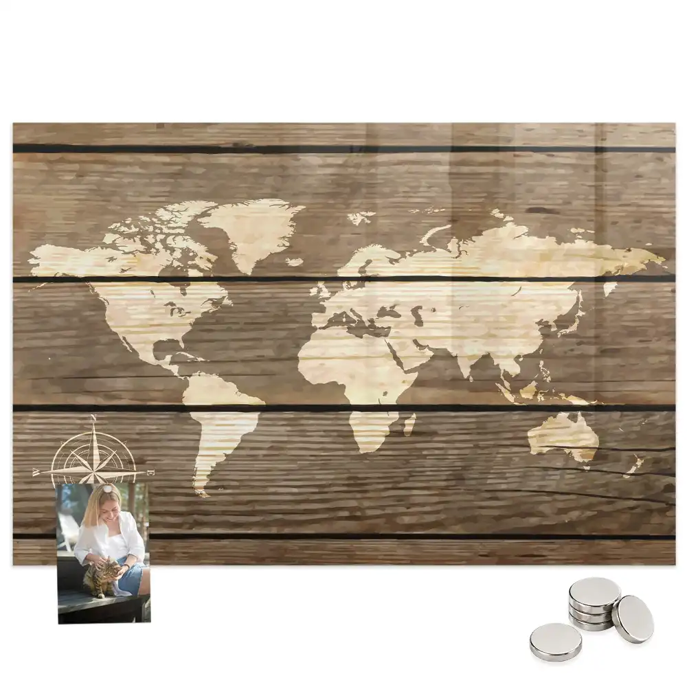 Tableau magnétique en verre avec motif carte du monde en bois