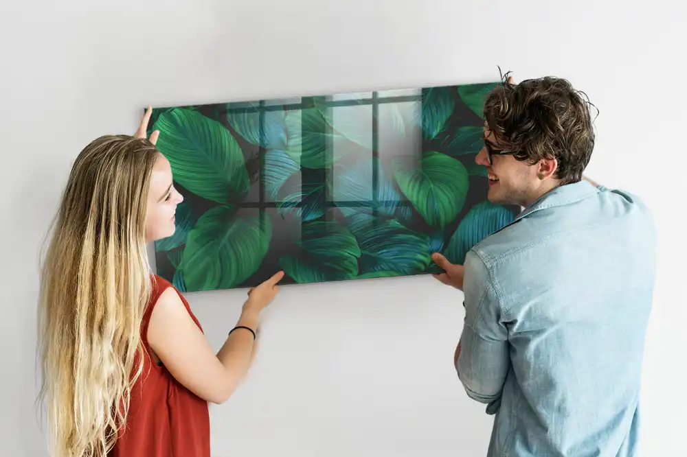 Tableau magnétique en verre motif feuilles caduques