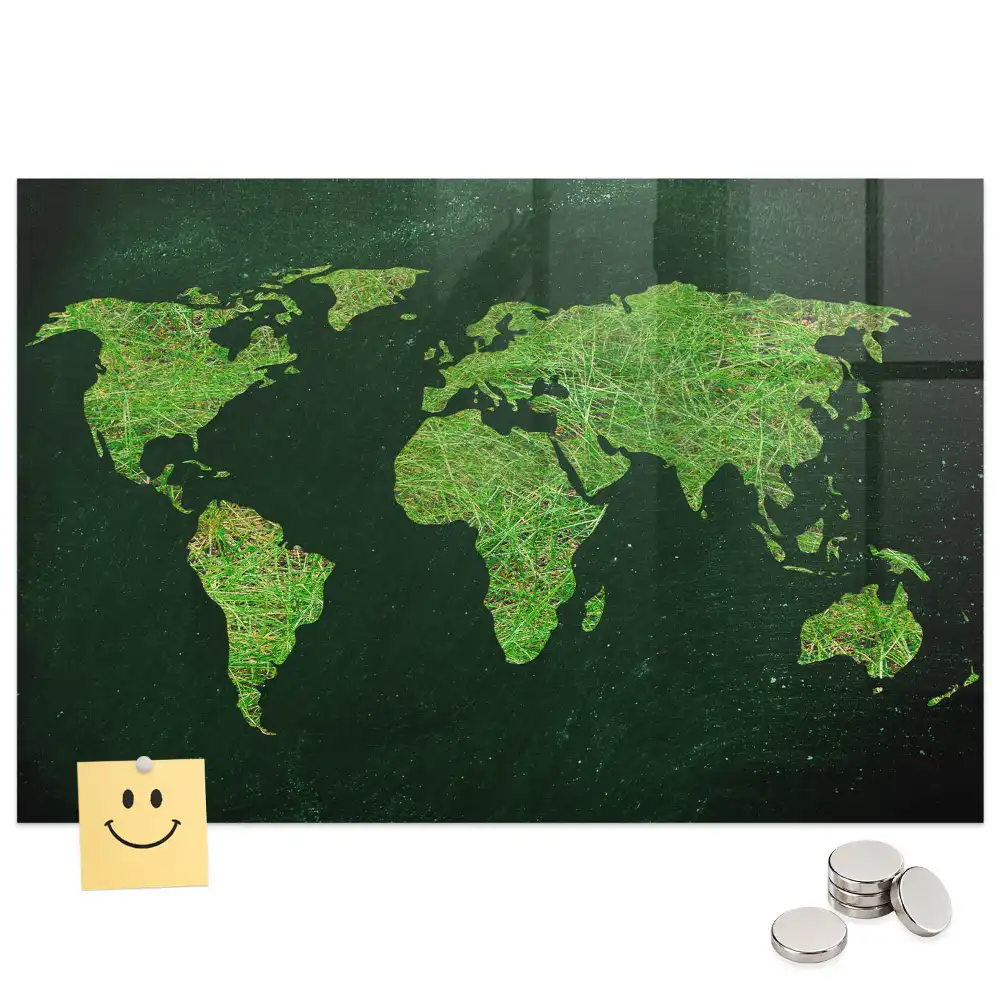 Tableau magnétique en verre motif carte du monde verte
