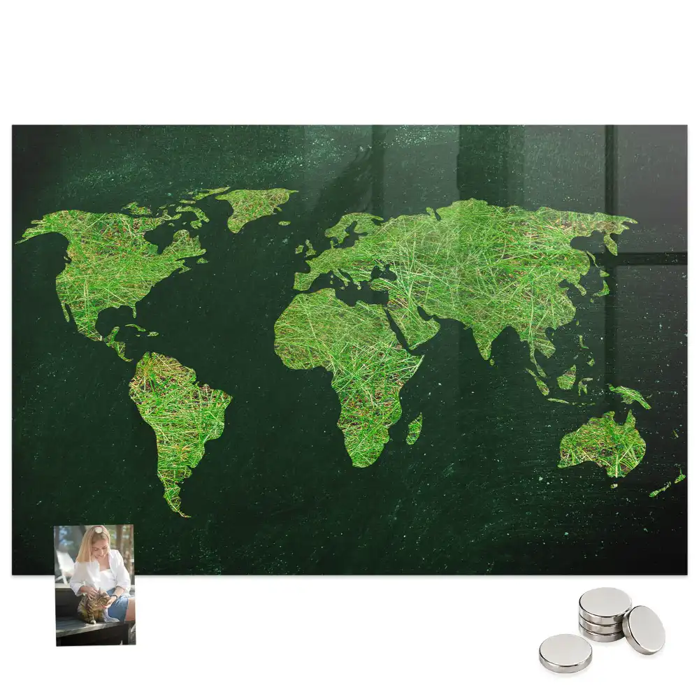Tableau magnétique en verre motif carte du monde verte