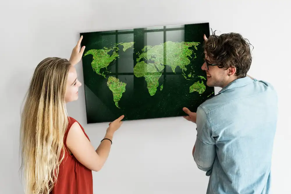 Tableau magnétique en verre motif carte du monde verte