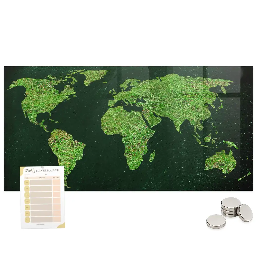 Tableau magnétique en verre motif carte du monde verte