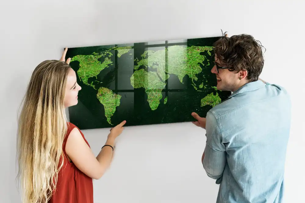 Tableau magnétique en verre motif carte du monde verte