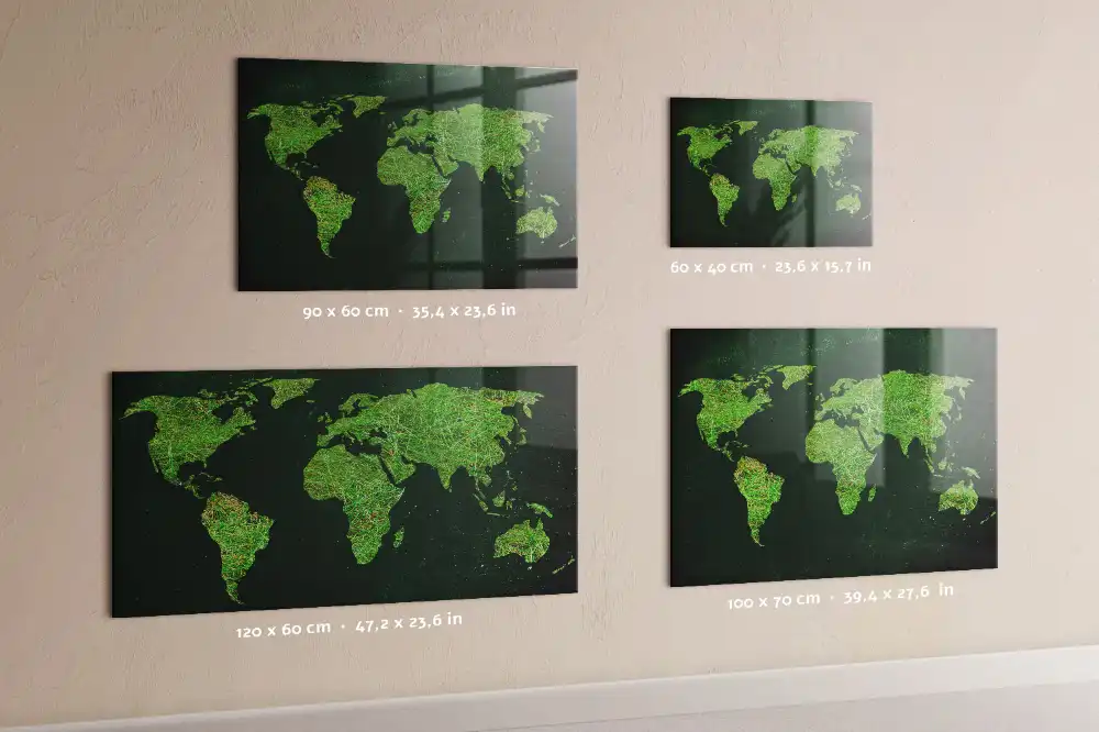 Tableau magnétique en verre motif carte du monde verte