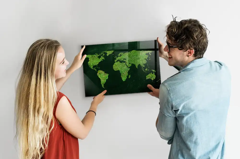 Tableau magnétique en verre motif carte du monde verte