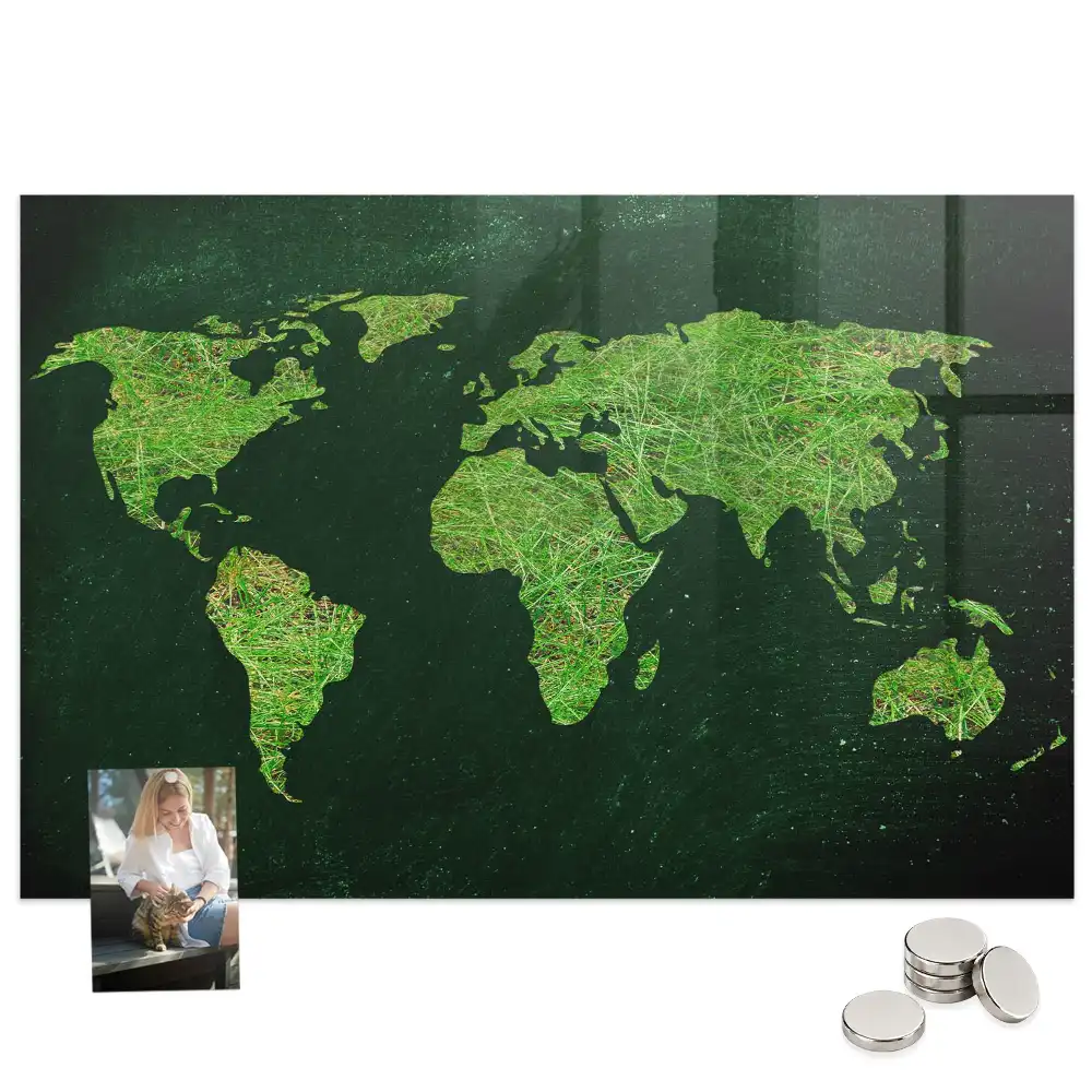 Tableau magnétique en verre motif carte du monde verte