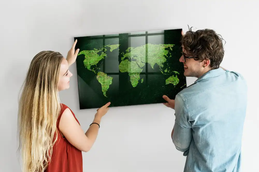 Tableau magnétique en verre motif carte du monde verte