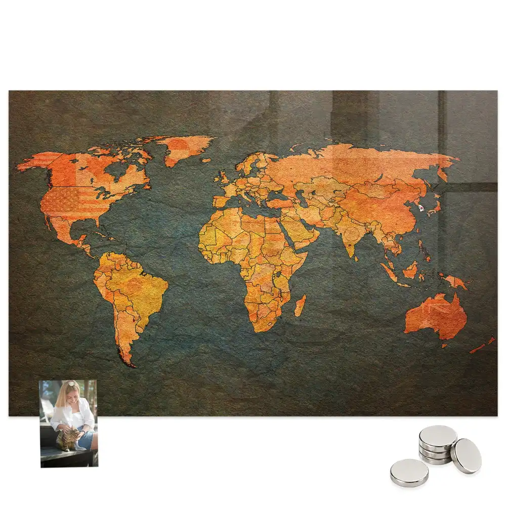 Tableau magnétique en verre motif atlas mondial