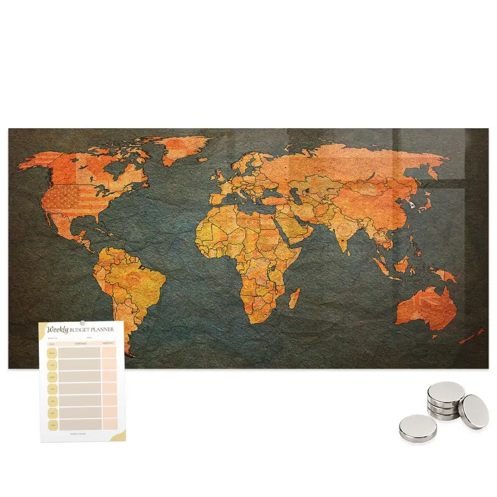 Tableau magnétique en verre motif atlas mondial
