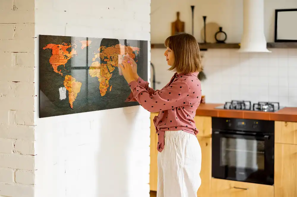Tableau magnétique en verre motif atlas mondial