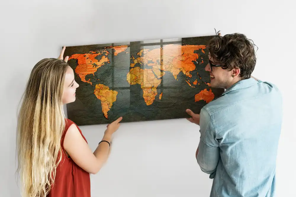 Tableau magnétique en verre motif atlas mondial