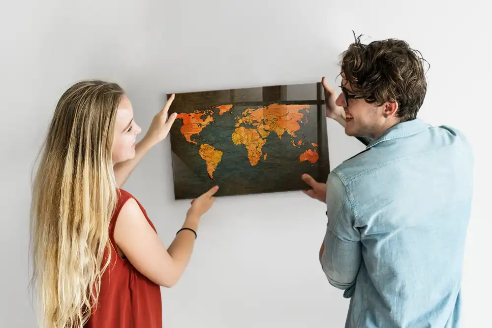 Tableau magnétique en verre motif atlas mondial