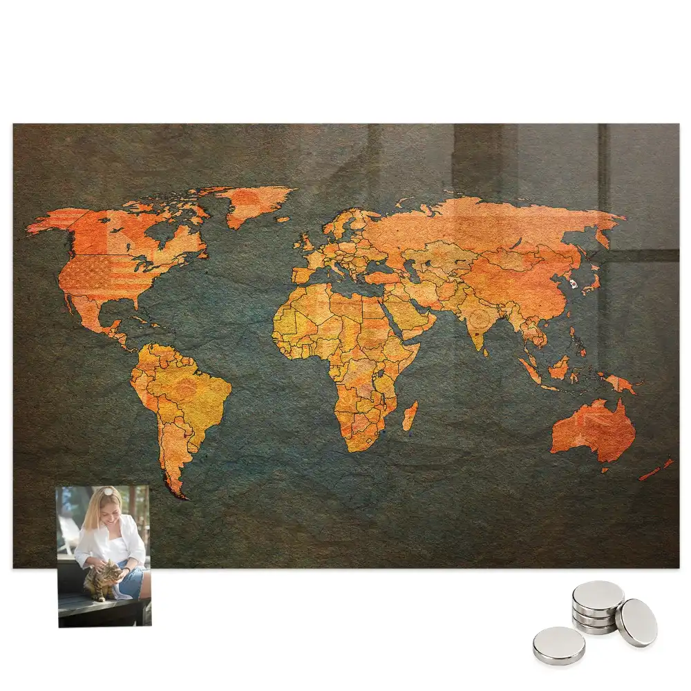 Tableau magnétique en verre motif atlas mondial