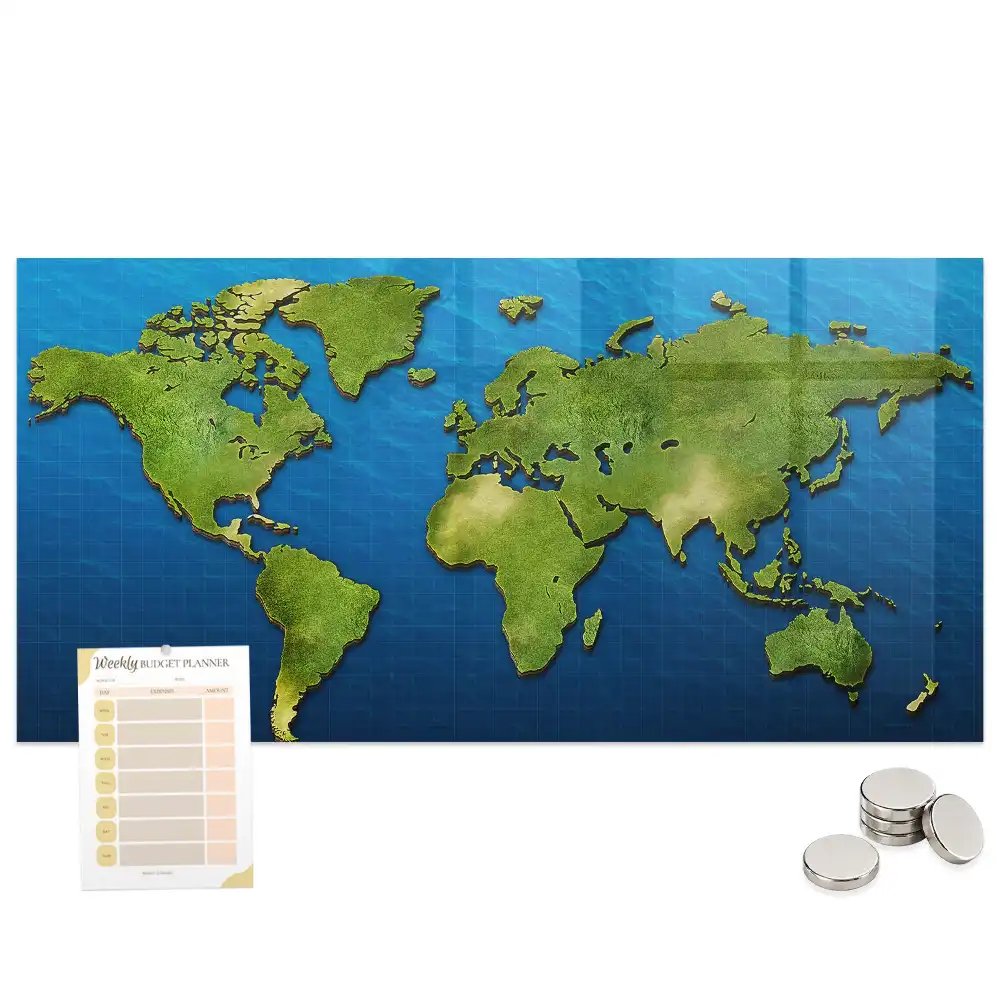Tableau magnétique en verre motif mappemonde atlas