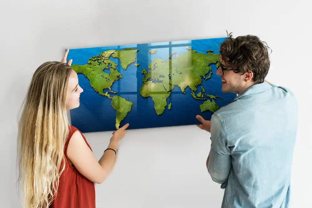 Tableau magnétique en verre motif mappemonde atlas