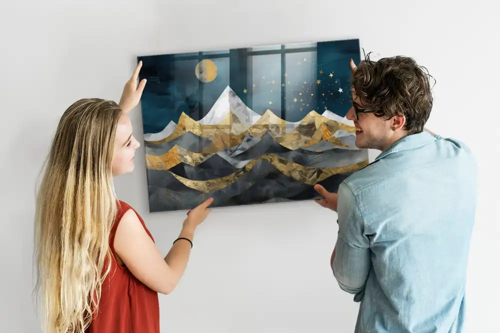 Tableau magnétique en verre avec motif de sommets montagneux la nuit