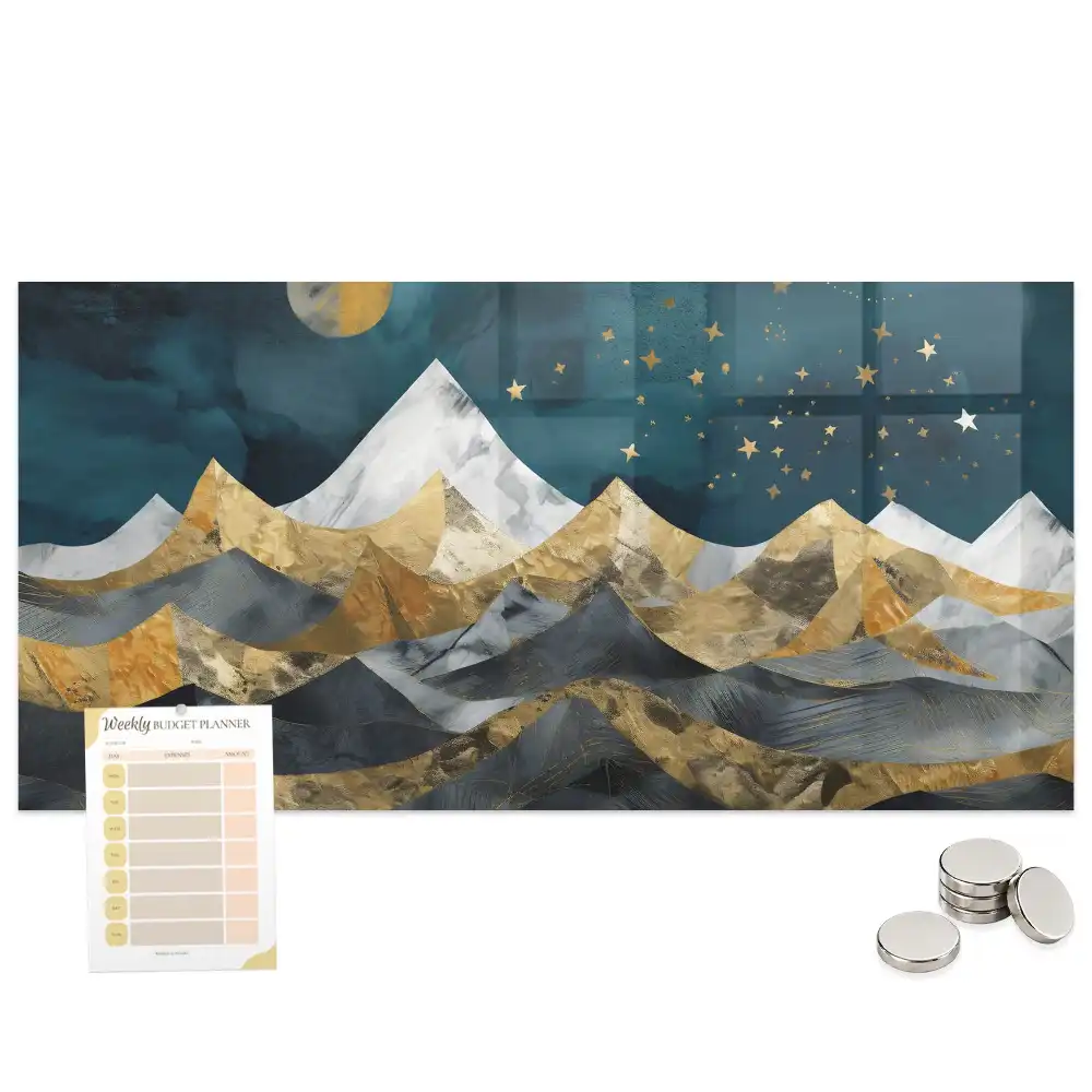 Tableau magnétique en verre avec motif de sommets montagneux la nuit