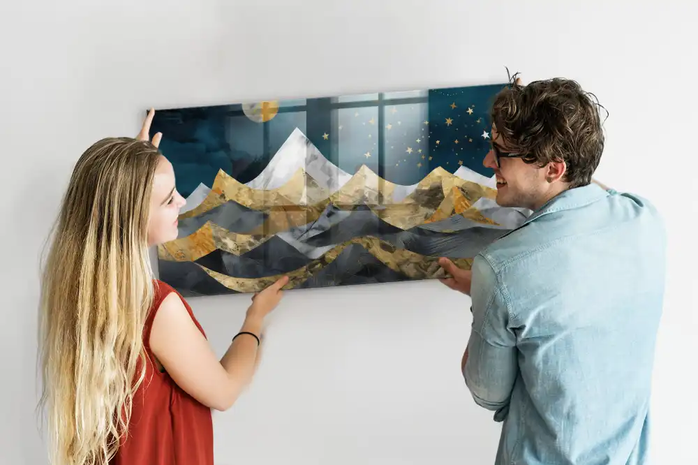 Tableau magnétique en verre avec motif de sommets montagneux la nuit