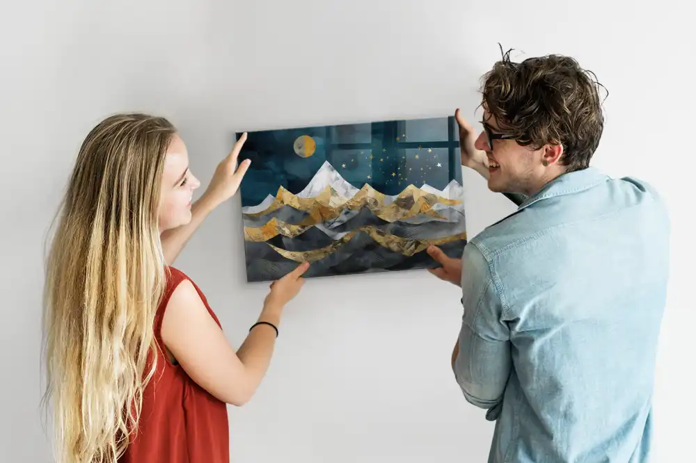 Tableau magnétique en verre avec motif de sommets montagneux la nuit