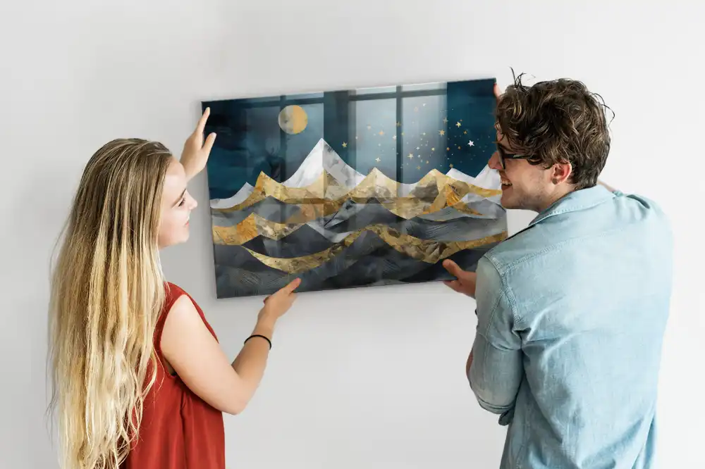 Tableau magnétique en verre avec motif de sommets montagneux la nuit