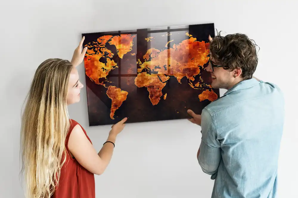 Tableau magnétique en verre avec carte du monde