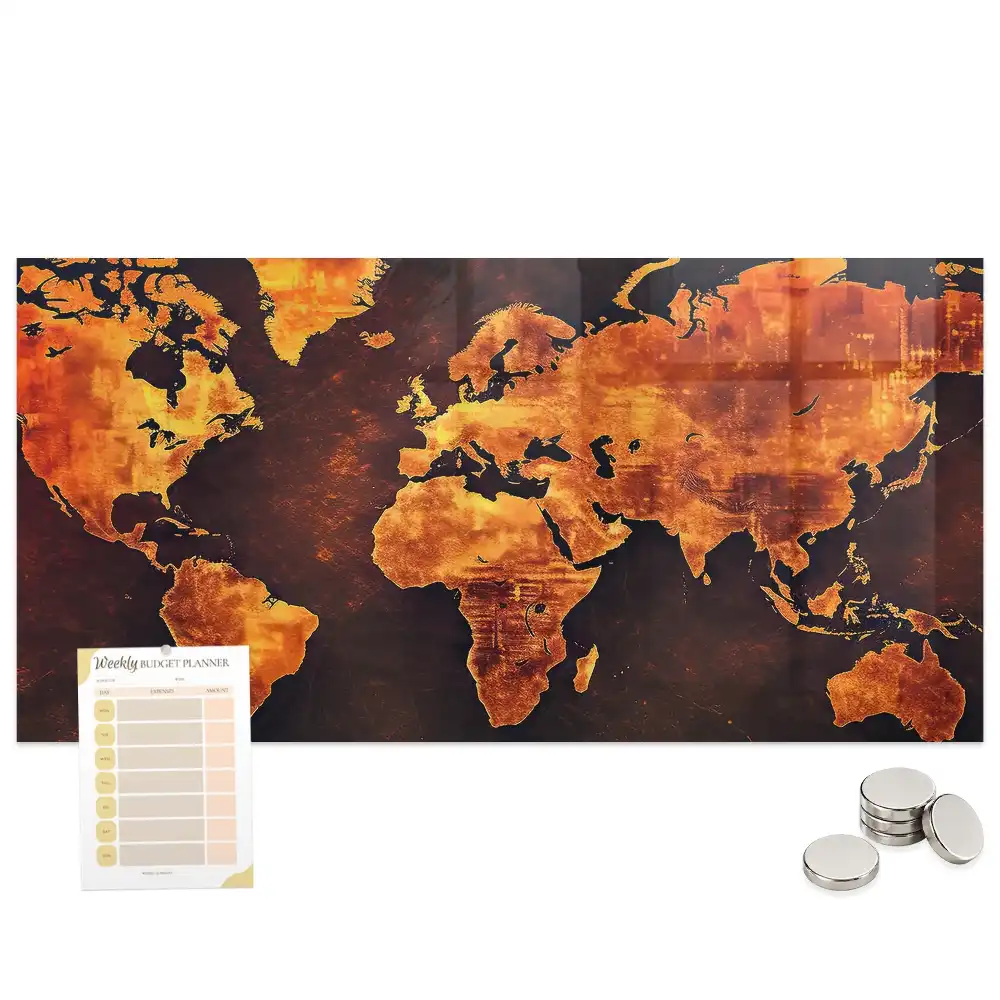 Tableau magnétique en verre avec carte du monde
