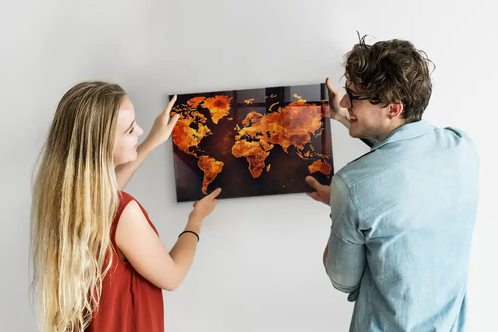 Tableau magnétique en verre avec carte du monde