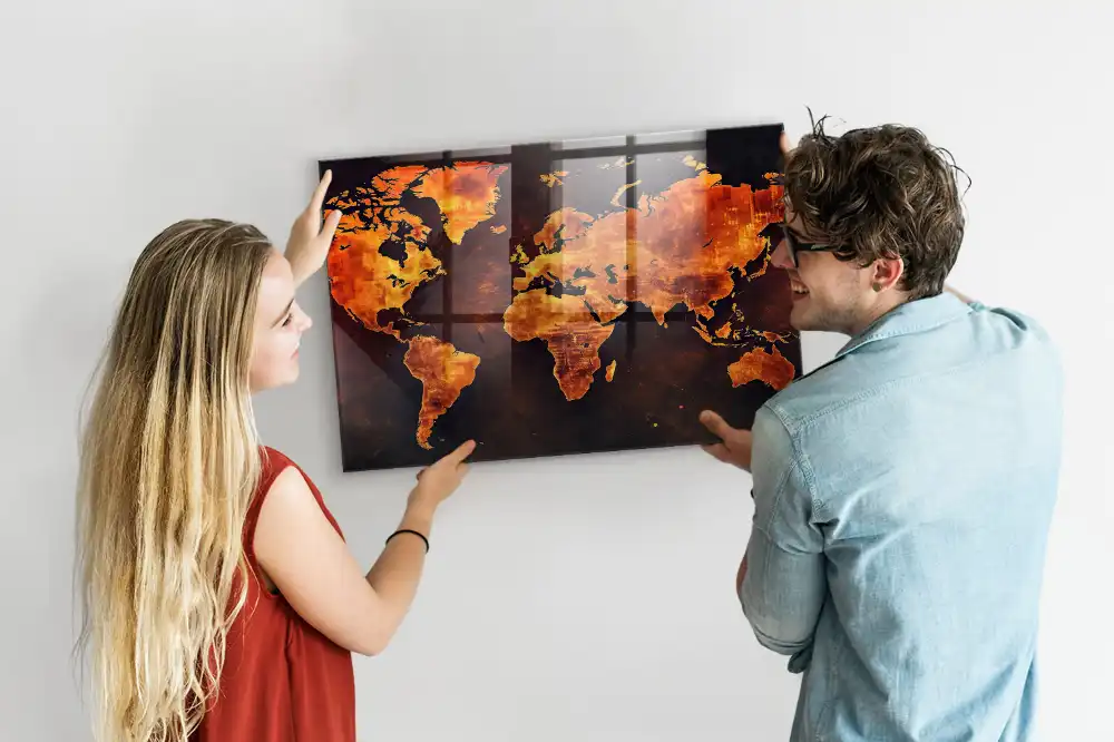 Tableau magnétique en verre avec carte du monde