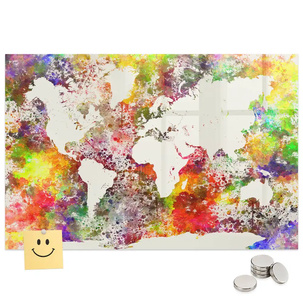 Tableau magnétique en verre motif carte du monde à l'aquarelle