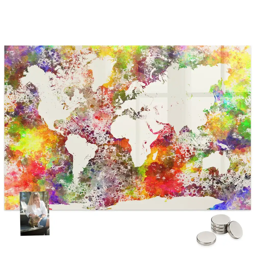 Tableau magnétique en verre motif carte du monde à l'aquarelle