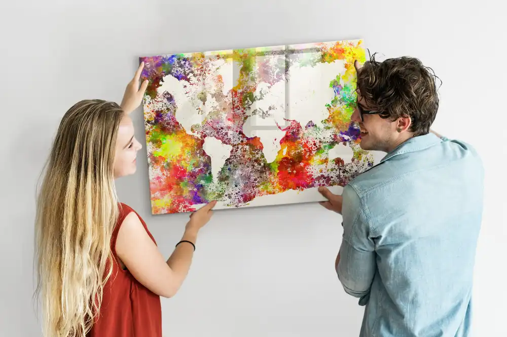 Tableau magnétique en verre motif carte du monde à l'aquarelle