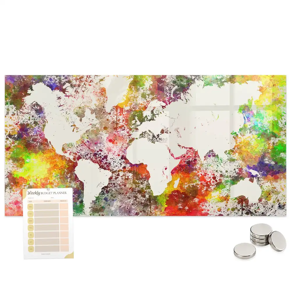 Tableau magnétique en verre motif carte du monde à l'aquarelle
