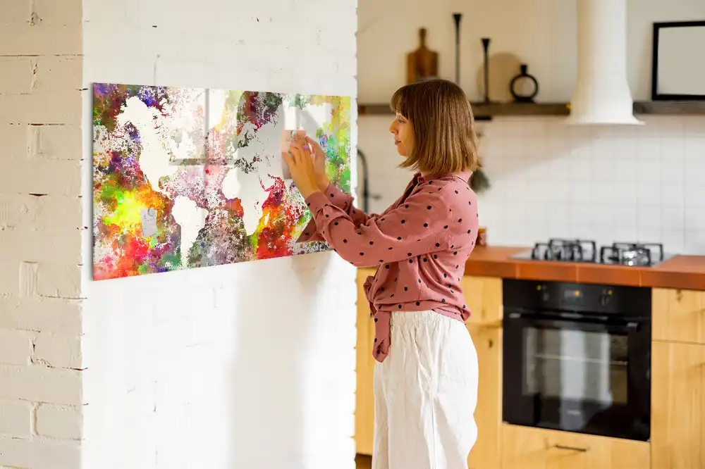 Tableau magnétique en verre motif carte du monde à l'aquarelle