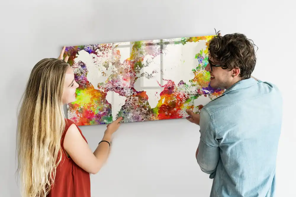 Tableau magnétique en verre motif carte du monde à l'aquarelle