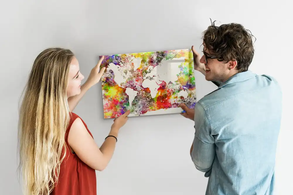 Tableau magnétique en verre motif carte du monde à l'aquarelle