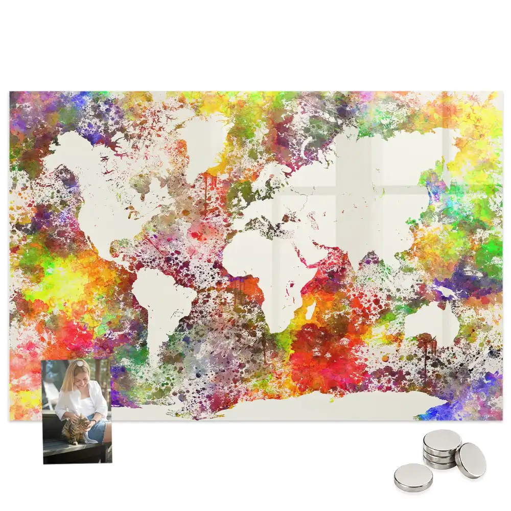 Tableau magnétique en verre motif carte du monde à l'aquarelle