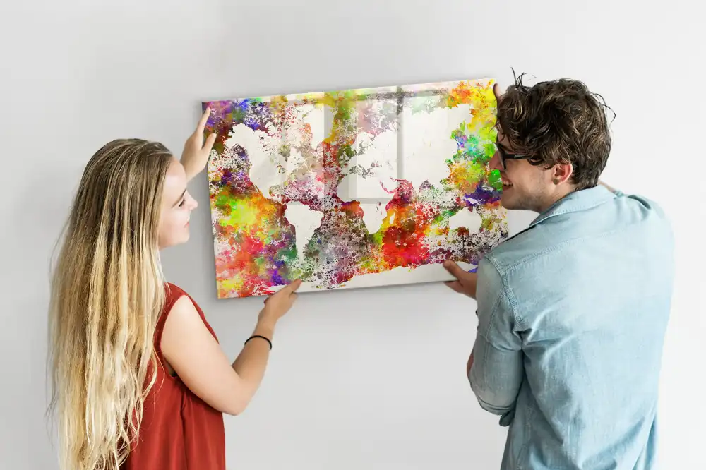 Tableau magnétique en verre motif carte du monde à l'aquarelle