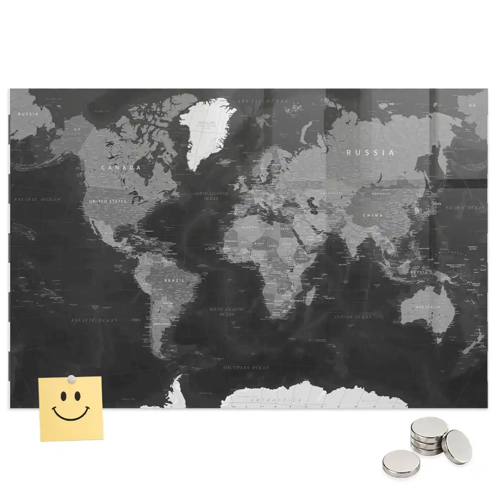 Tableau en verre magnétique carte du monde sombre
