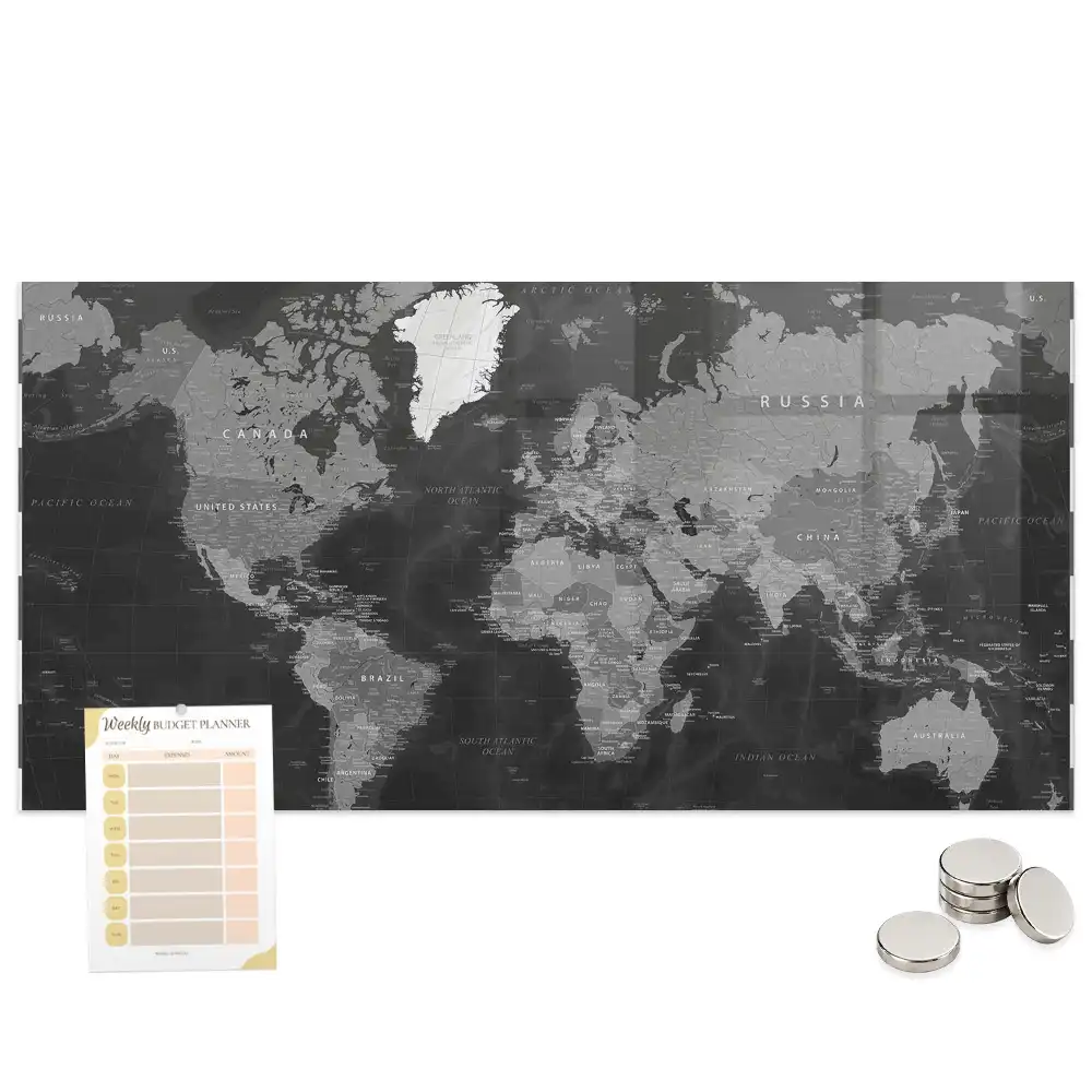 Tableau en verre magnétique carte du monde sombre