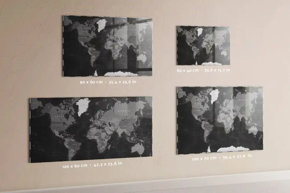 Tableau en verre magnétique carte du monde sombre