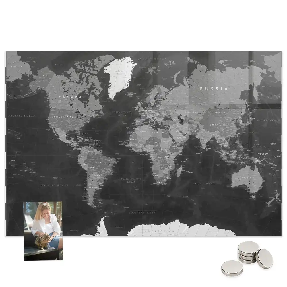 Tableau en verre magnétique carte du monde sombre