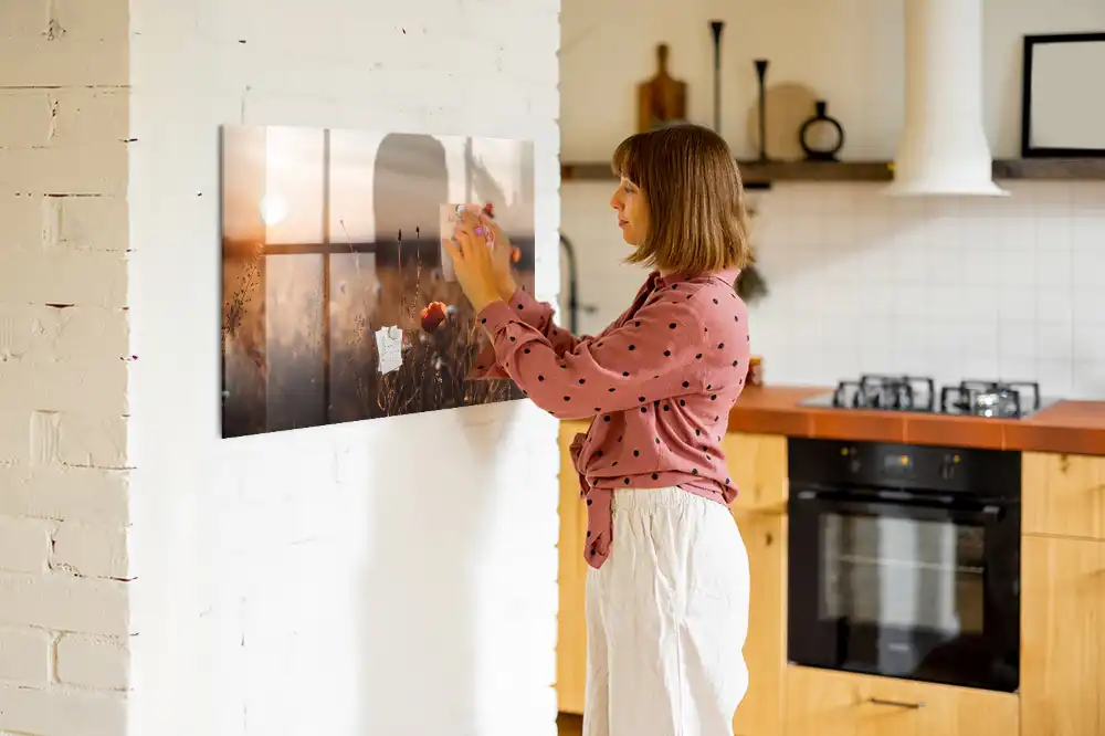 Tableau magnétique en verre motif prairie au lever du soleil