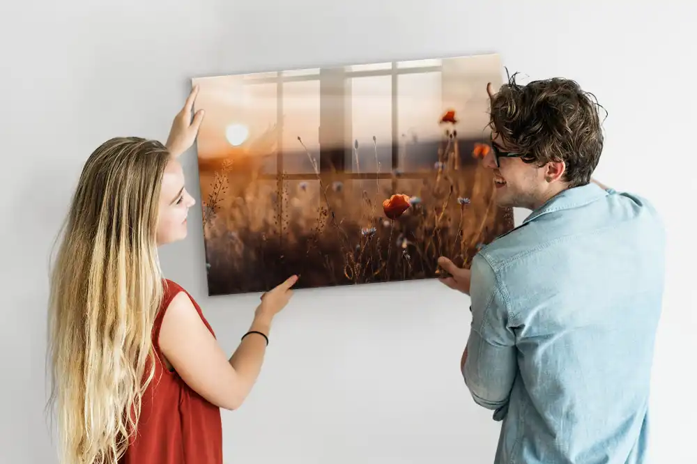 Tableau magnétique en verre motif prairie au lever du soleil