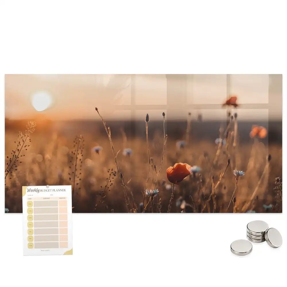 Tableau magnétique en verre motif prairie au lever du soleil