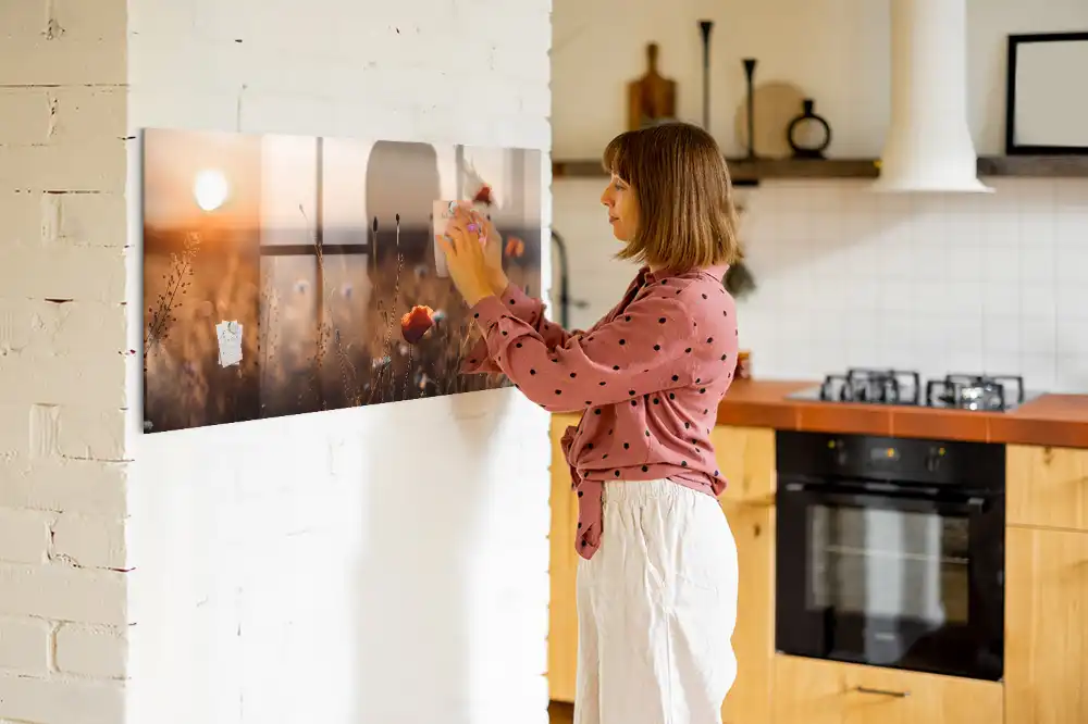Tableau magnétique en verre motif prairie au lever du soleil