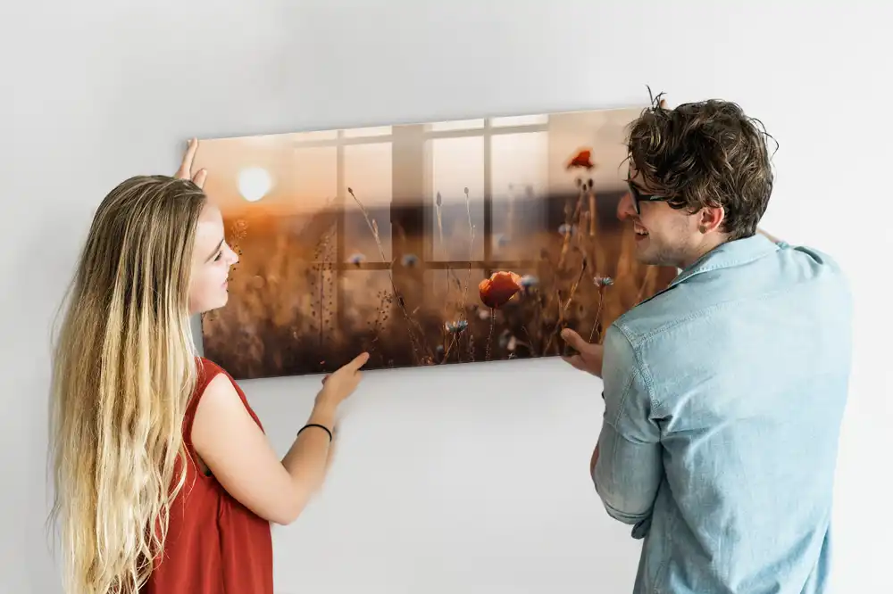 Tableau magnétique en verre motif prairie au lever du soleil